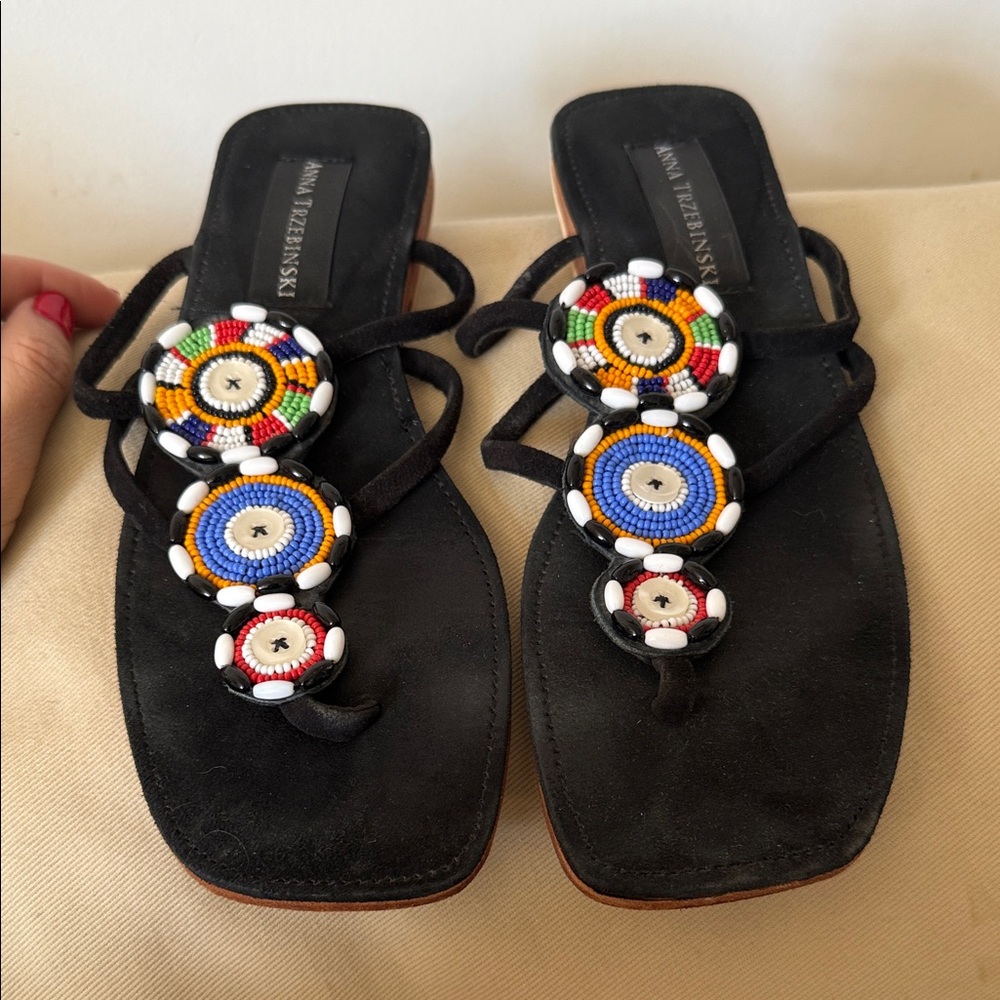 Anna Trzebinski Colorful Beaded Black Sandals Sz 38 (uS7)